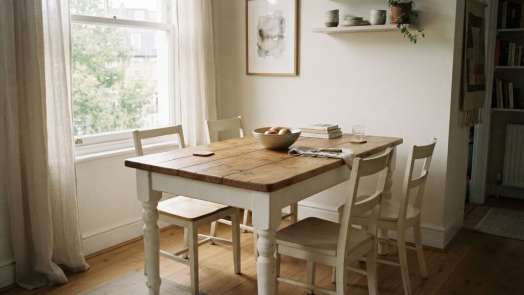 Compact brown pine dining table with white base surrounded by four chairs in a small apartment dining area