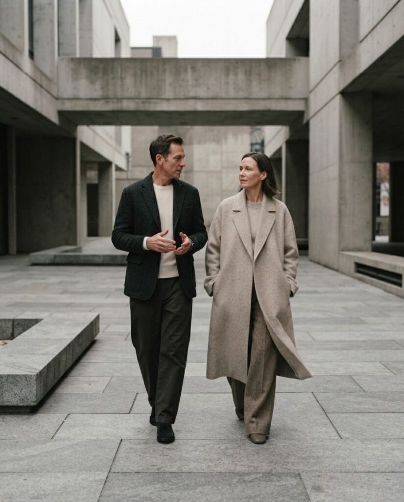Couple wearing complementary non-matching outfits during an engagement photo session