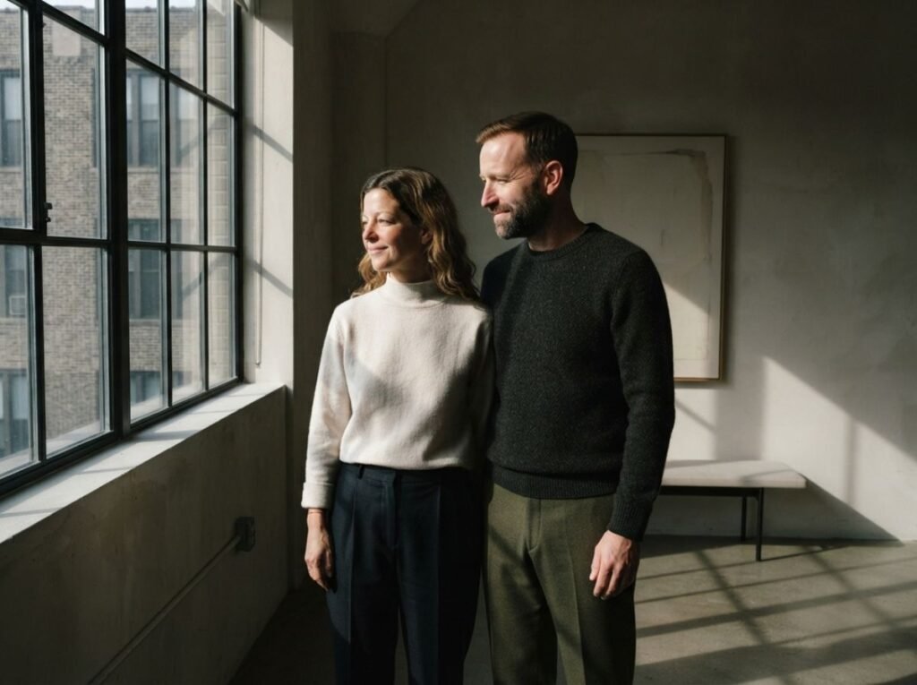 Couple photographed in directional window light during an engagement session