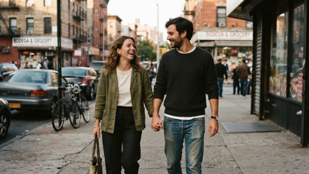 Couple walking together through a city neighborhood during an engagement photo session
