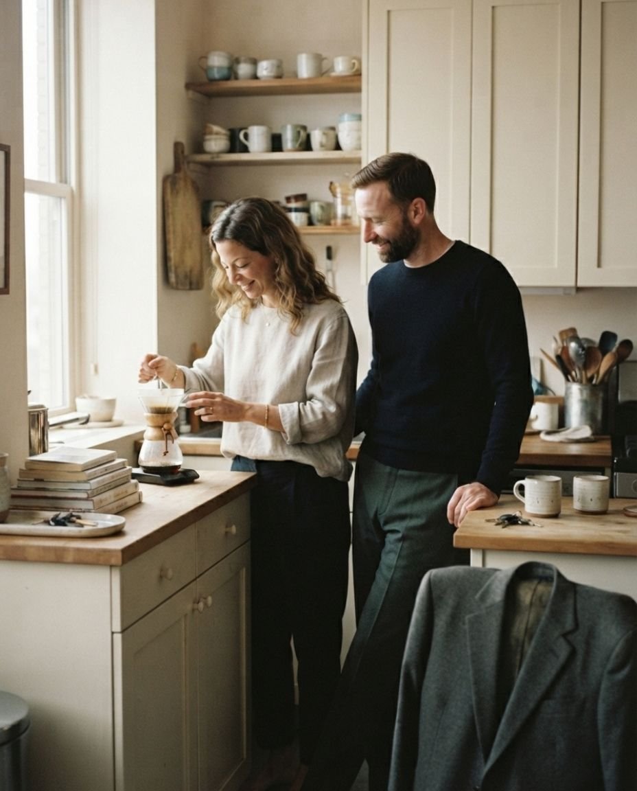 Couple interacting naturally in their kitchen during a personal engagement photo session