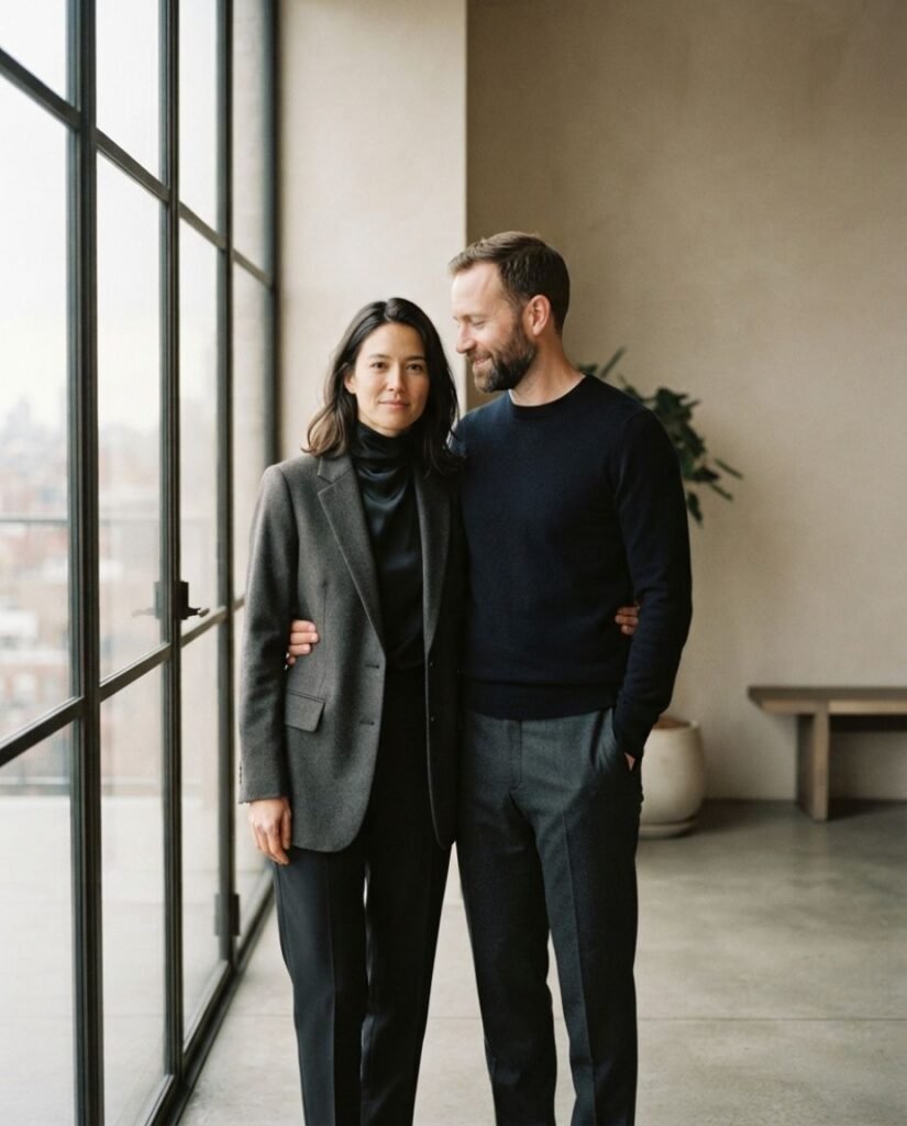 Couple standing in a composed formal engagement portrait inside an architectural interior