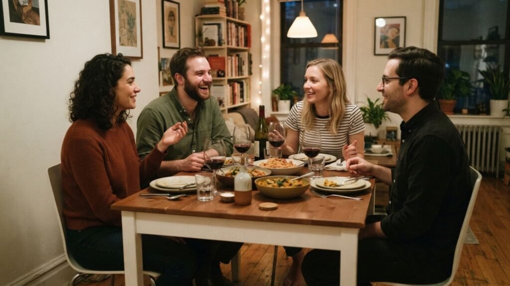Four people dining around a compact pine table with plates glasses and serving dishes