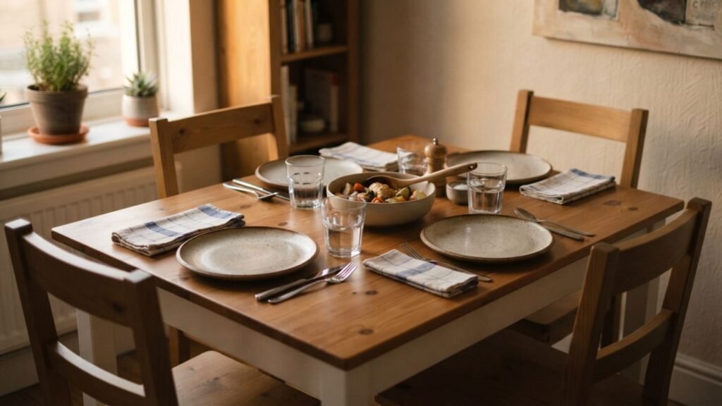 Four-person dinner setting on a compact 28-inch-deep rectangular pine dining table