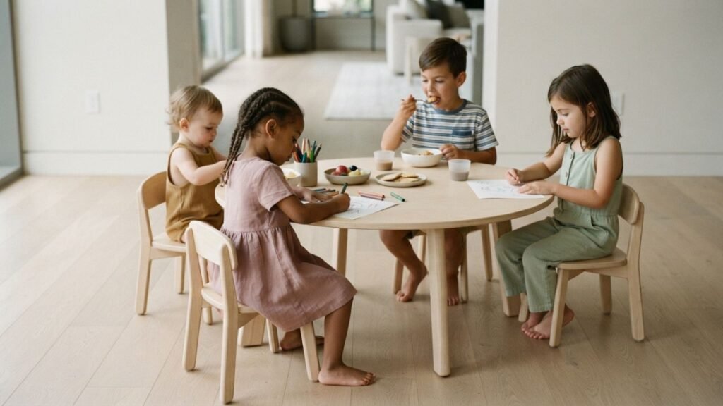 Children using a low circular table at a premium event