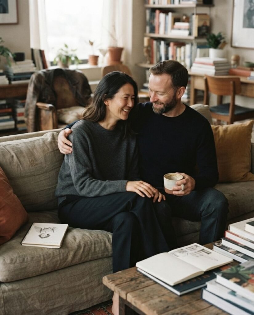 Couple sitting close together at home in an intimate engagement portrait