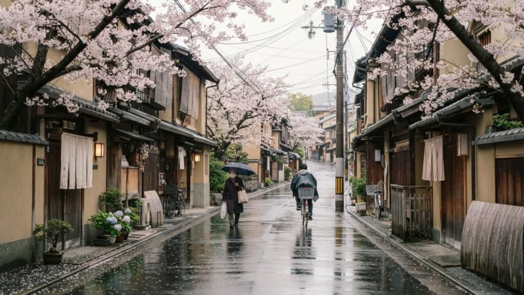 Cherry blossoms along a quiet Japanese street