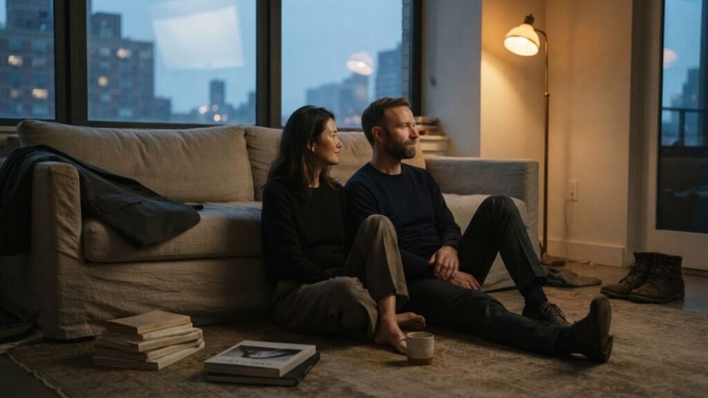 Engaged couple sitting together at home in an intimate documentary photograph