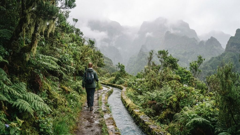 Hiker walking along a Madeira trail