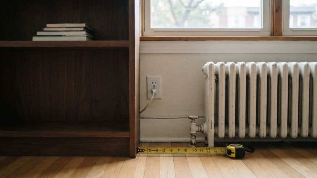 Furniture beside radiator and outlet