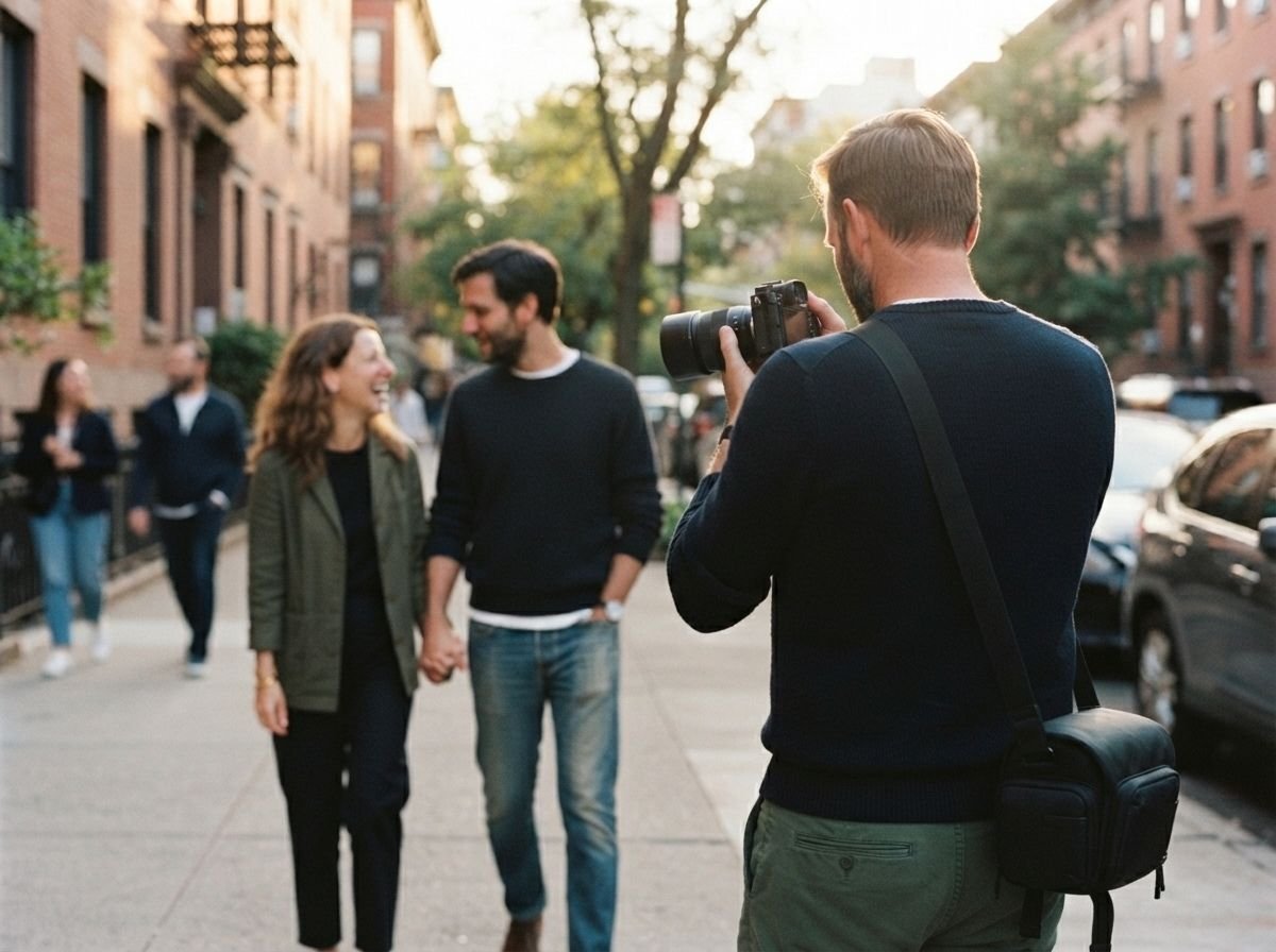 Photographer observing a couple walking and talking naturally during an engagement session
