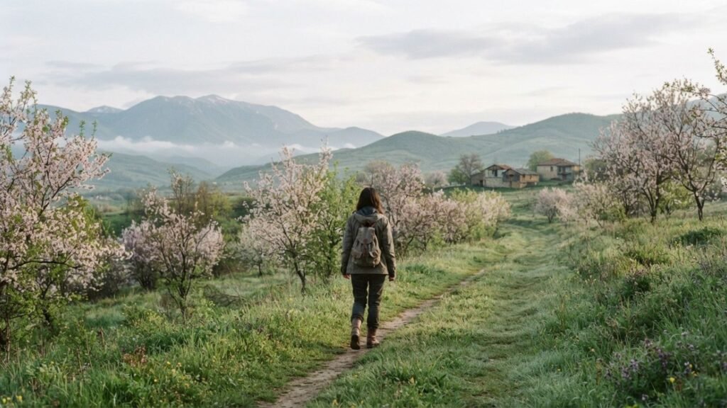 Traveler walking through a spring landscape
