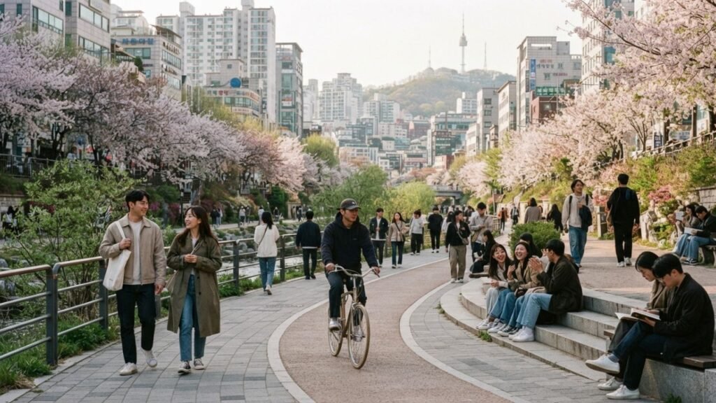 People walking beneath flowering trees in Seoul