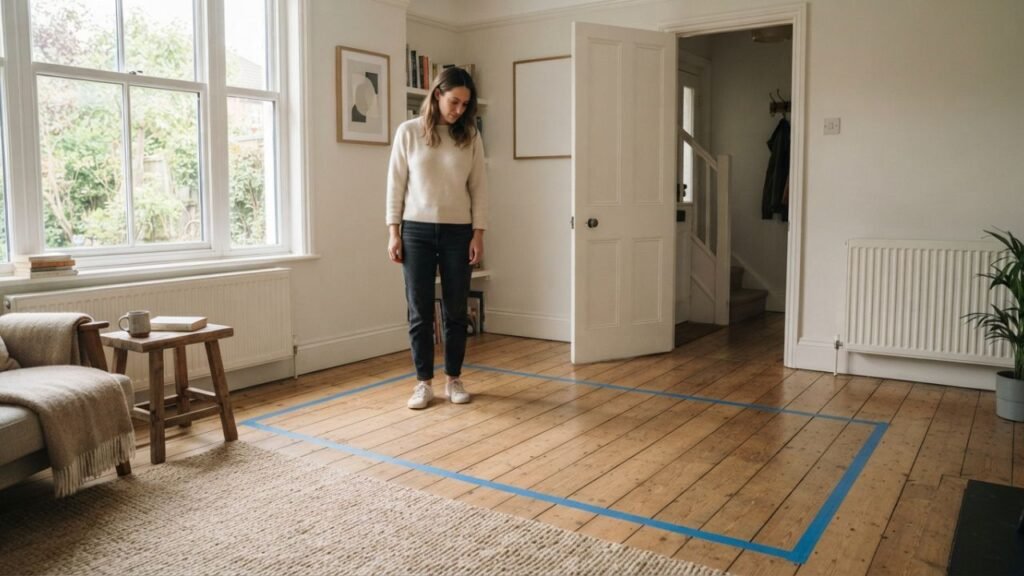 Tape marking a sofa footprint