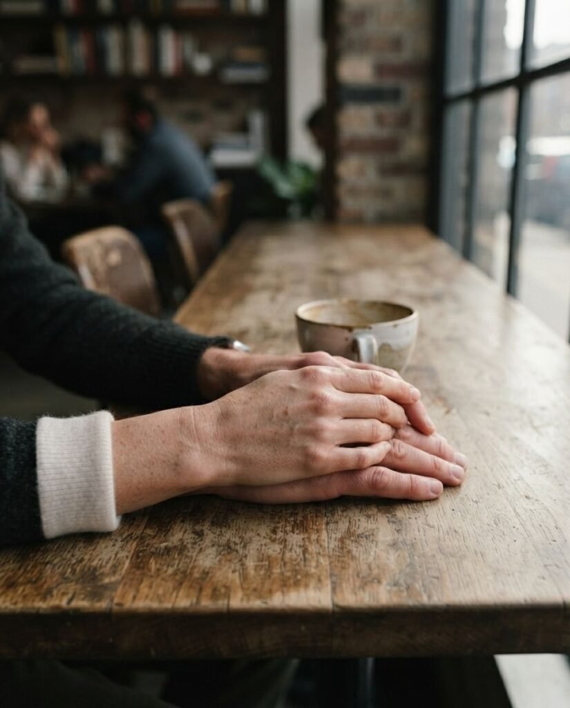 Engagement ring appearing naturally while a couple holds hands at a café
