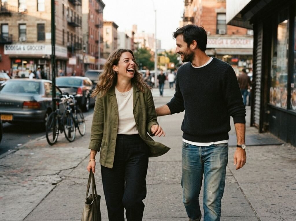 Candid engagement photograph of a couple laughing while walking in the street
