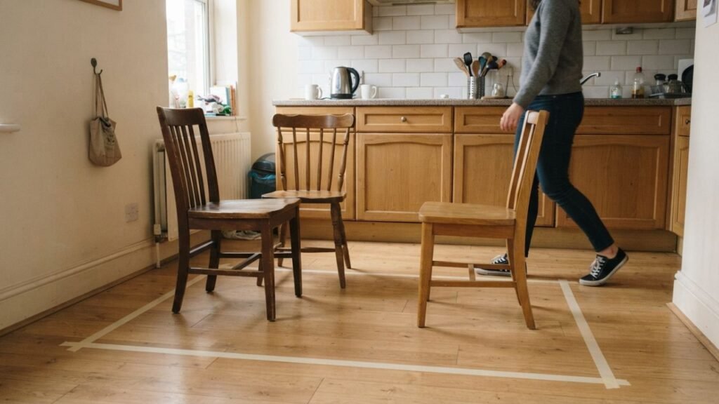 Painter's tape marking a dining table footprint with four chairs in a small room