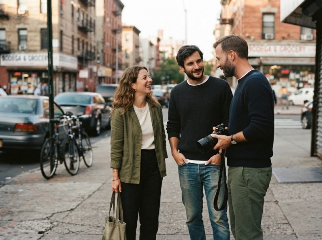 Photographer talking with a couple between photographs during an engagement session
