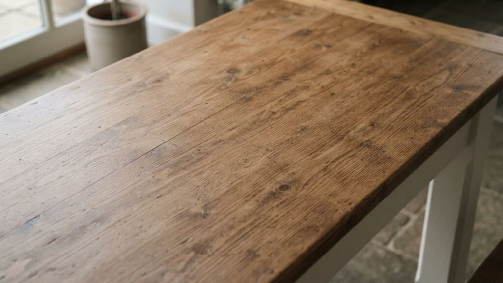 Close-up of natural pine wood grain and surface variation on a brown dining table