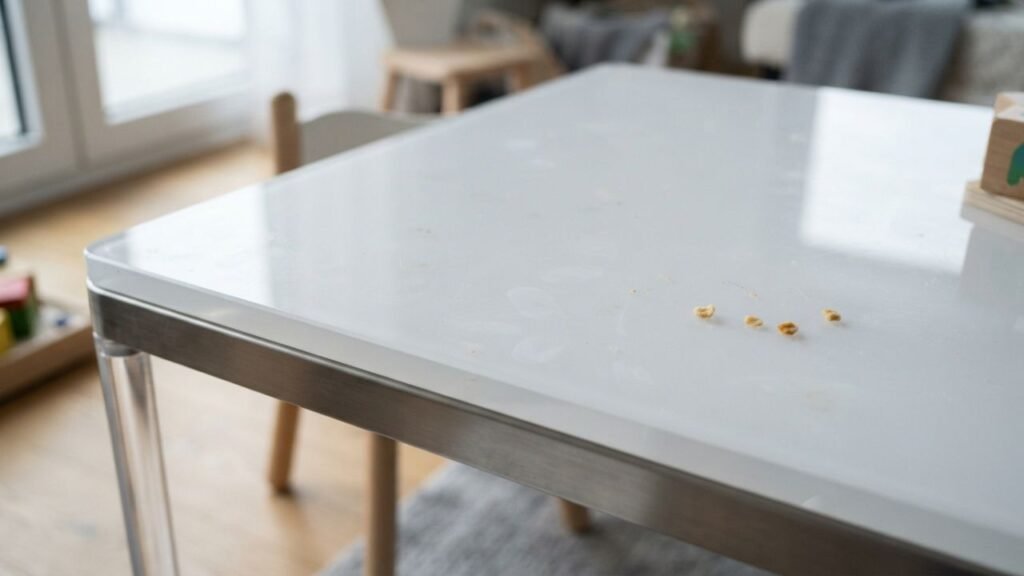 Glossy acrylic surface of a children's event table showing reflections
