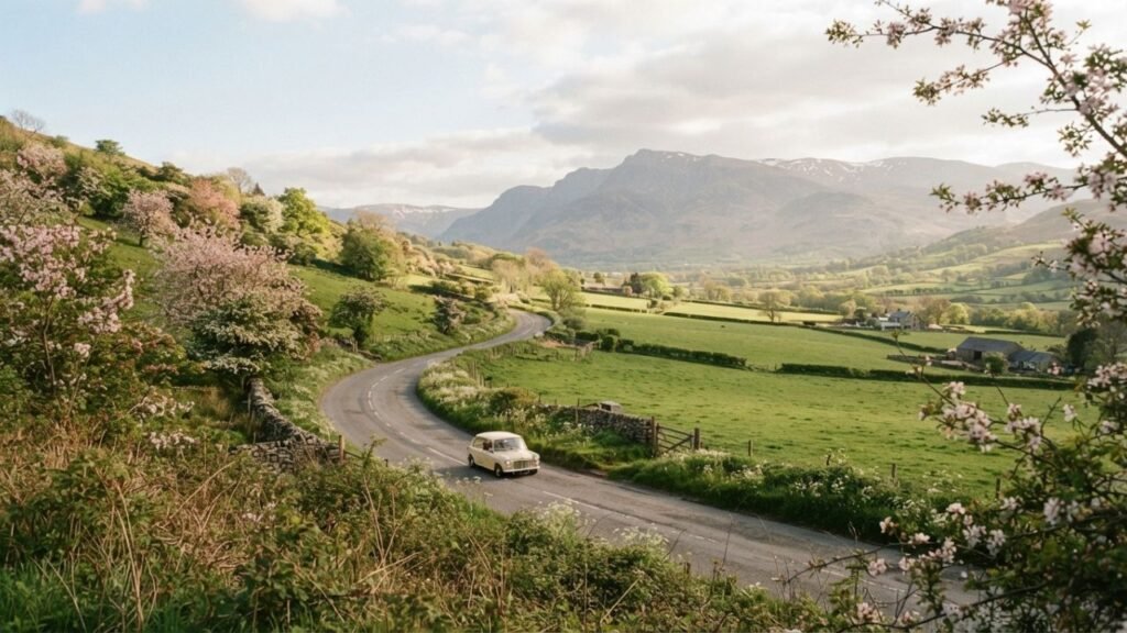 Car traveling through a flowering spring landscape
