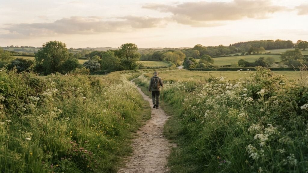 Traveler walking along a green spring path