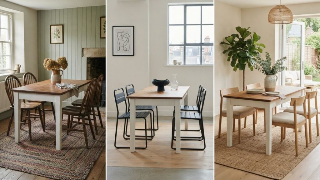Same pine dining table styled with traditional, contemporary and natural wood dining chairs