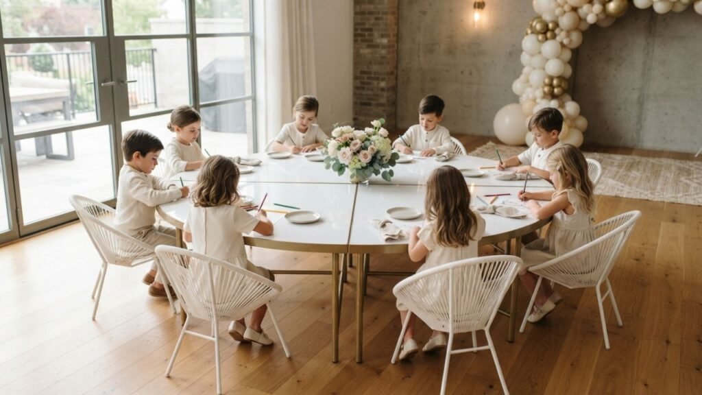VEGA YAN-inspired circular kids table arranged in a refined children's event space