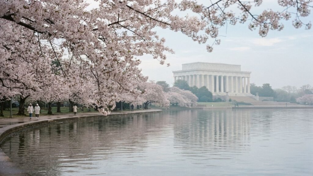 Cherry blossoms beside Washington monuments