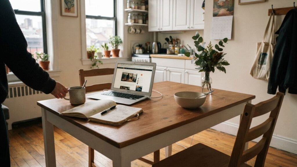 Small pine dining table used for coffee, breakfast and laptop work in an apartment