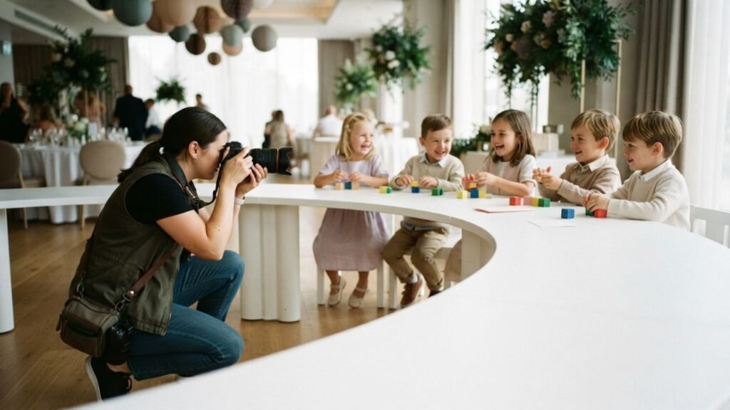 Event photographer capturing children around a circular kids table