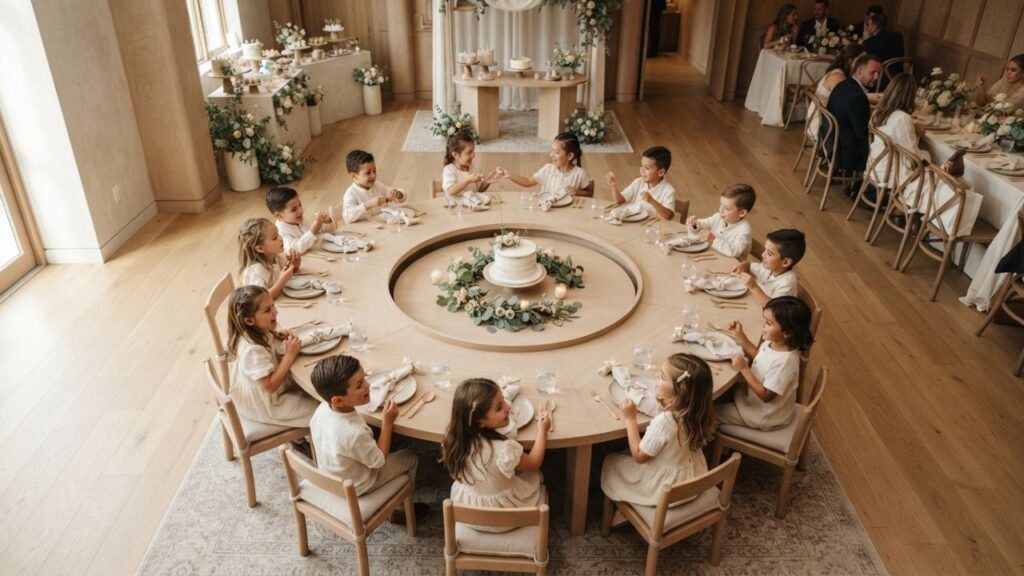 Overhead view of children gathered around a circular event table