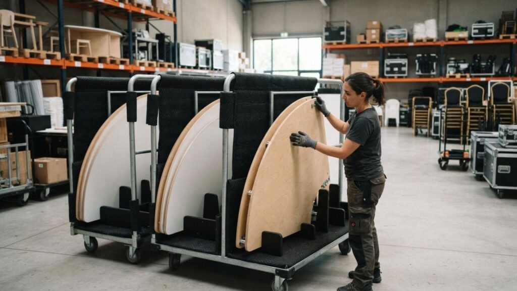 Modular children's table sections being prepared for event rental