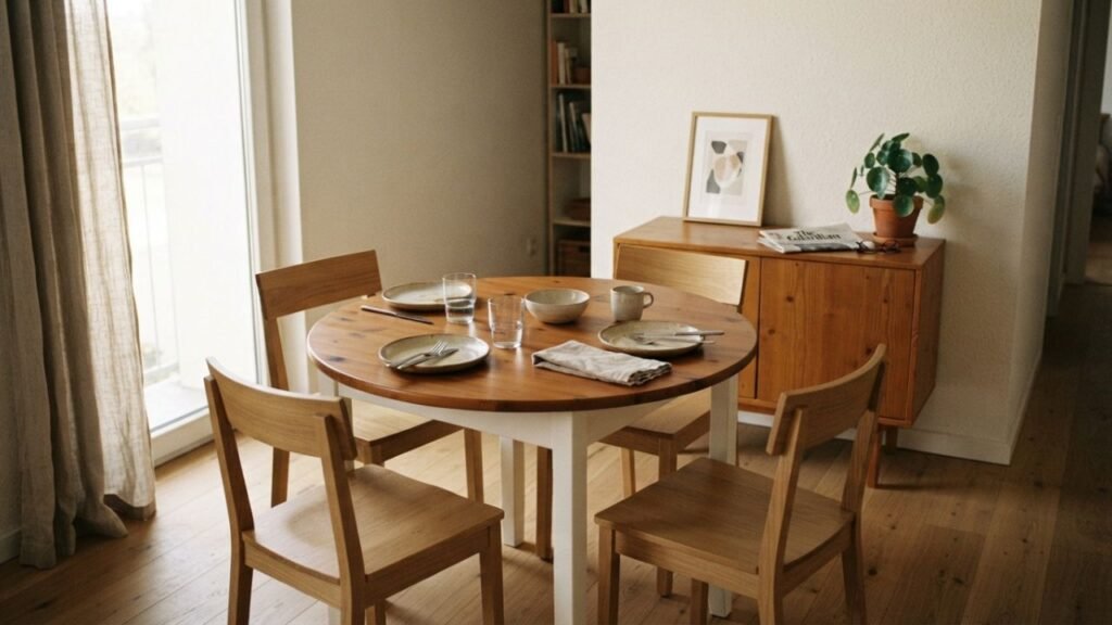 Compact pine dining table surrounded by open floor space in a small apartment