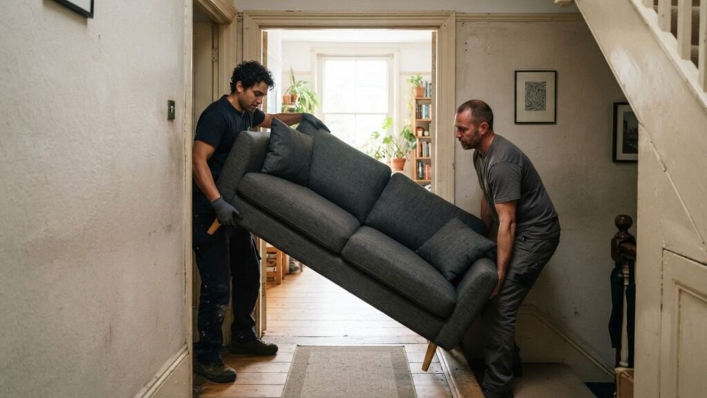Sofa being moved through doorway
